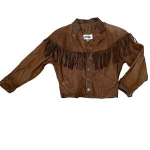 Vintage 1980s Chia Womens Brown Leather Fringe Jacket Indian Head Snap Buttons